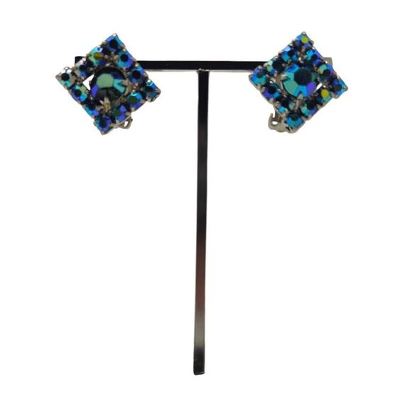 Vintage Blue Aurora Borealis Rhinestone Earrings | Square Diamond Design - Picture 1 of 5